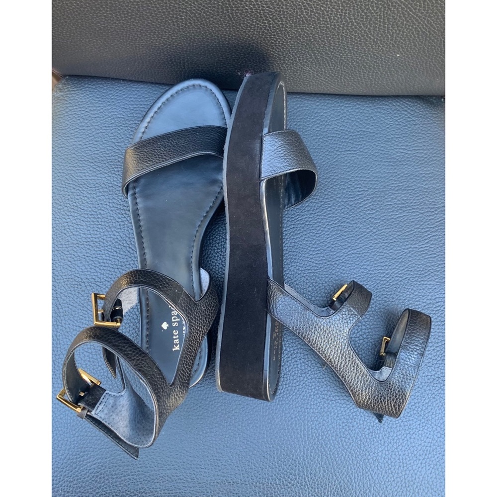 kate spade Black Leather Ankle-Strap Platform Sandals with Gold Buckles - Picture 4 of 5